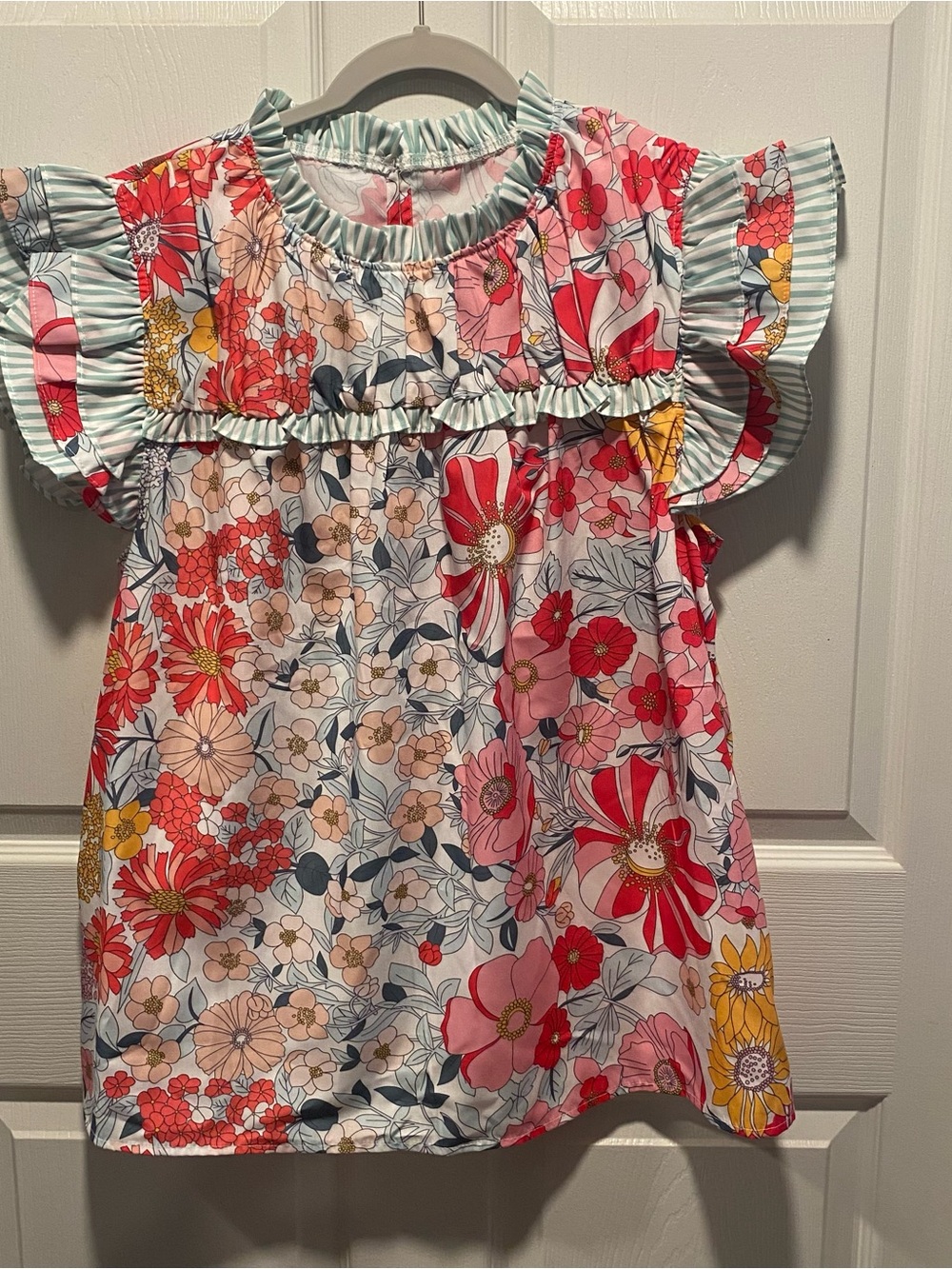 Floral Ruffle-Sleeve Blouse in Pink, Red, Yellow, Blue